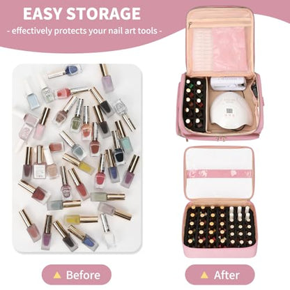 CUBETASTIC Extra Large Nail Polish Organizer Case Holds 86 to 100+ Bottles & Nail Lamp, Nail Supplies Storage Bag with 2 Removable Pouches, Nail Art Travel Box - color: Light Pink