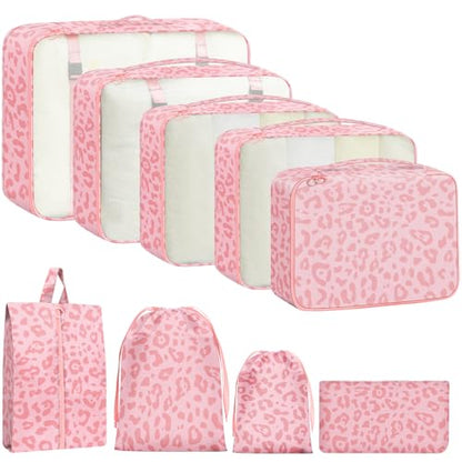 9 Set Packing Cubes for Travel Essentials - Lightweight Carry-On Luggage Organizer Bags with Shoe, Clothes & Laundry Bags for Airplane, Family & Business Travel, Pink leopard print - color: Pink leopard print