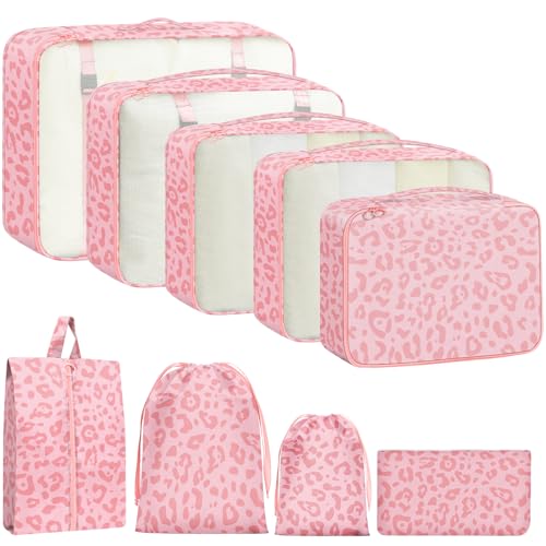 9 Set Packing Cubes for Travel Essentials - Lightweight Carry-On Luggage Organizer Bags with Shoe, Clothes & Laundry Bags for Airplane, Family & Business Travel, Pink leopard print - color: Pink leopard print