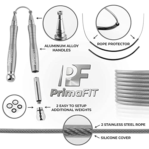 PrimaFIT Jump Rope Pro Speed Skipping Rope Adjustable Adult Jumping Rope Weighted Aluminium Handles for Double Dutch Boxing Workout Crossfit Exercise Fitness Spare Cable Weights Protectors Carry Bag - color: Silver