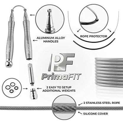 PrimaFIT Jump Rope Pro Speed Skipping Rope Adjustable Adult Jumping Rope Weighted Aluminium Handles for Double Dutch Boxing Workout Crossfit Exercise Fitness Spare Cable Weights Protectors Carry Bag - color: Silver