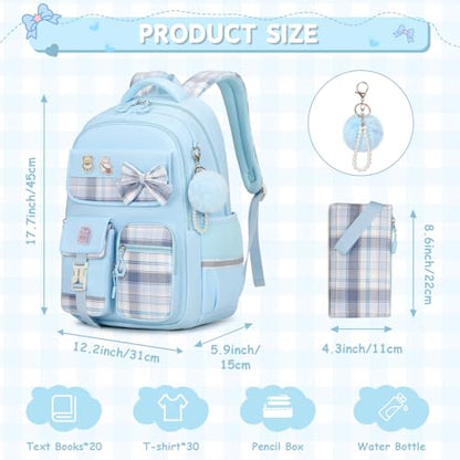 MOONBABY Girls Backpack, Kids Backpack for Girls School Bags with Pen Case, Bow Plaid Book Bag for Elementary Middle Primary High School College, Blue-2pcs - color: Blue