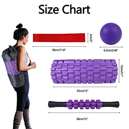 JOYENERGY 5 in 1 Foam Roller Set, Trigger Point Foam Roller Patented, Massage Roller Stick, Massage Ball, Stretching Strap for Deep Tissue Massager for Muscle Pilates Yoga Whole Body - color: Violet
