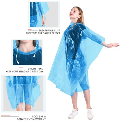 TUNCHMO Disposable Rain Ponchos 6 Pack for Adults/Kids/Family Set-50% Thicker Emergency Ponchos - color: Adults Blue 6 Pack