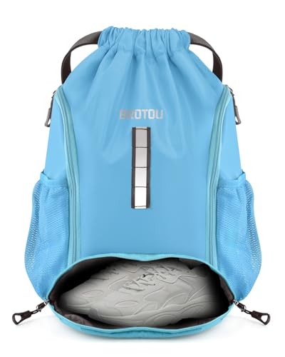 BROTOU Soccer Drawstring Backpack, Basketball Bag, Volleyball Football Bags with Ball and Shoe Compartment - color: Lake Blue