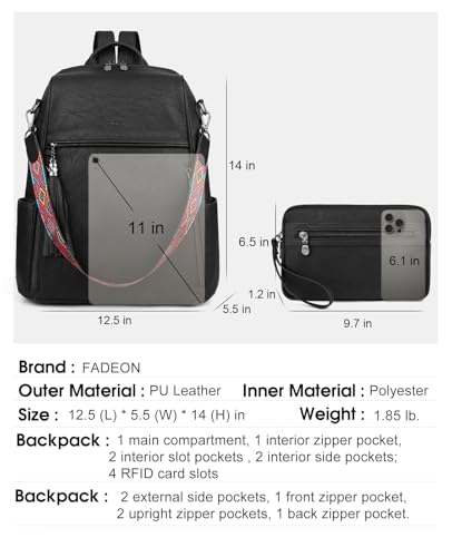 FADEON Leather Backpack Purse for Women Designer Travel Backpack Purses PU Fashion Ladies Shoulder Bag with Tassel - color: 2 Black Retro Style