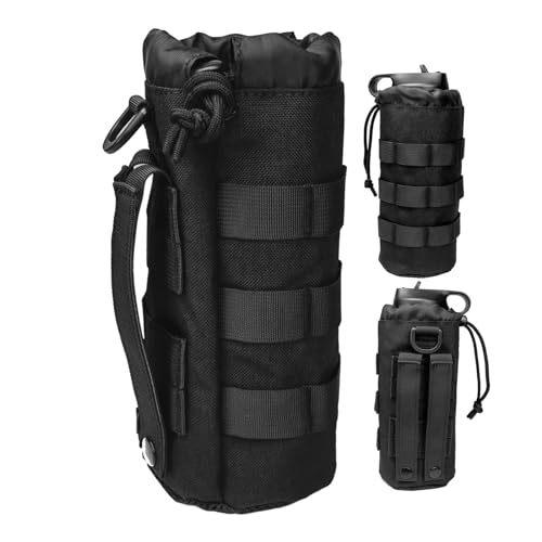 Tactical MOLLE Bottle Pouch Bag, Travel/Sprots Molle Water Bottle Holder with Drawstring Open Top and Mesh Bottom - color: Black