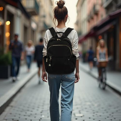 M-ioi-M Medium Backpack Purse for Women, Fashion Nylon Daypack with Gold Hardware, Lightweight Water-Resistant Rucksack for College, Work, Travel, Everyday Use, Fits 13–14" Laptop (Black, Medium) - color: Black,medium