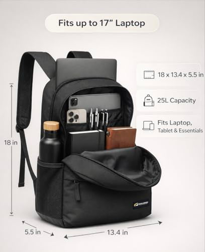 TRAILKICKER Laptop Backpack, Water Resistant Computer Backpack for Work, Travel & School, 17 Inch Laptop Compartment, 2 Compartments, Ergonomic Shoulder Straps, Black - color: Black