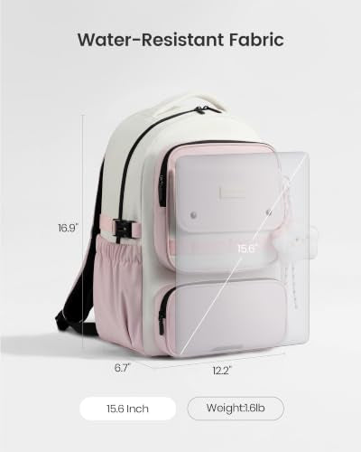 LOVEVOOK School Backpack for Teen Girl, Cute Bookbag with Large Bottle Holder, Lightweight Elementary Middle High School Student Backpack Fits 15.6 Inch Laptop, Back to Schools Kid Gift, Pink-Cream - color: Light Pink - Cream, size: 15.6 Inch