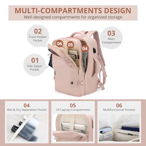 Swissdigital Design Travel Laptop Backpack for Women, 36L Carry On Backpack with USB Charging Port, RFID Protection & Wet-Dry Separation, TSA Friendly Fits 16 Inch Laptop, Pink | SD1749-81 - color: Pink