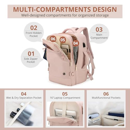 Swissdigital Design Travel Laptop Backpack for Women, 36L Carry On Backpack with USB Charging Port, RFID Protection & Wet-Dry Separation, TSA Friendly Fits 16 Inch Laptop, Pink | SD1749-81 - color: Pink