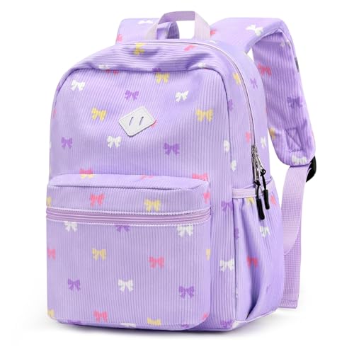 STEAMEDBUN Corduroy Kids Backpack for Girls Boys 3-8, Girls Backpack for Elementary Kindergarten - Purple Bow - color: Corduroy Bowknot2, size: Small-15"H(fits folder)