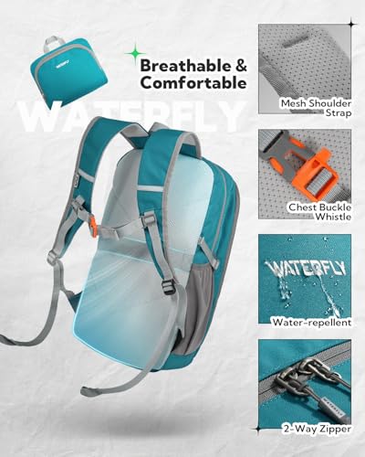 WATERFLY Lightweight Packable Backpack, 25L Small Foldable Travel Daypack | Multi-Pocket with Luggage Strap, Breathable Back Pad, Comfortable to wear, Easy to Fold, Compact Day Pack for Hiking Outdoor - color: Peacock Blue