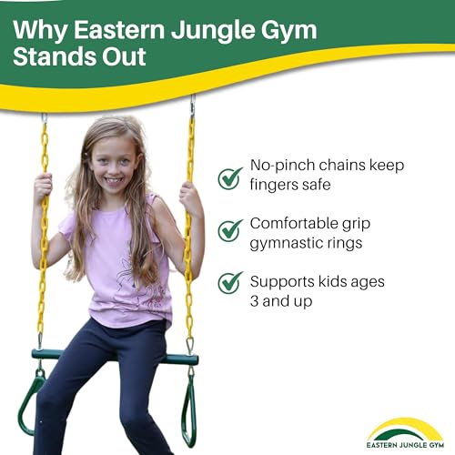 Eastern Jungle Gym Heavy-Duty Ring Trapeze Bar Combo, Large 20" Trapeze Swing Bar with Triangular Gymnastic Rings and Pinch-Free Coated Swing Chains 43" Long