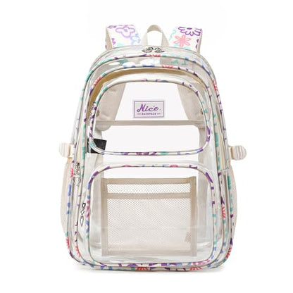 OKKID Heavy Duty Clear Backpack for School Girls Clear Bookbag Transparent Backpack for work See Through Plastic School Bags - color: Beige