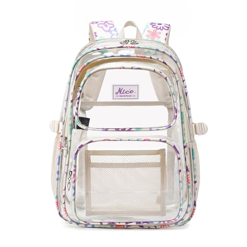 OKKID Heavy Duty Clear Backpack for School Girls Clear Bookbag Transparent Backpack for work See Through Plastic School Bags - color: Beige