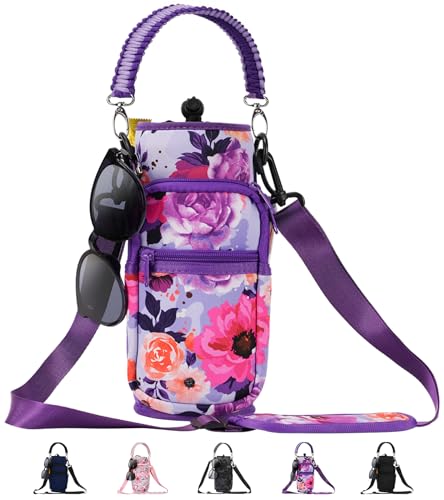 AceTreker 32/40/64/87/128 oz Water Bottle Carrier Bag, Neoprene Water Bottle Sleeve with 4 Pocket, Sport Water Holder with Paracord Handle and Shoulder Strap for Walking Hiking Camping Gym - color: 02.Purple Rose, style: 16-40 Oz