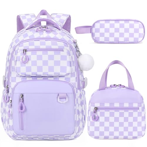 Bevalsa Backpack for Girls 3PCS Teen Girls Backpack for School with Lunch Bag Pencil Case Purple Cute Kids Laptop Backpacks Bookbag for Elementary Middle High School College Student (Checkerboard) - color: Purple Checkerboard
