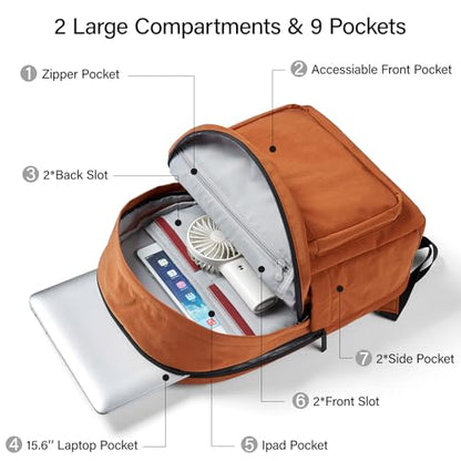 Hanke Travel Backpack for Women Men, Small College Laptop Backpack, Lightweight Water-Resistant Work Bookbag, Cute Casual Daypack for 15.6 Inch Laptop, Reddish Brown