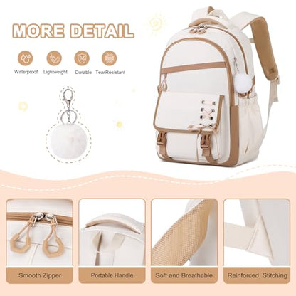 Scothen 3PCS Girls Backpack for School, Kids Backpack for Girls with Lunch Bag Pencil Case, Kids Bookbag Teen Backpacks for Elementary Middle High School - color: Beige