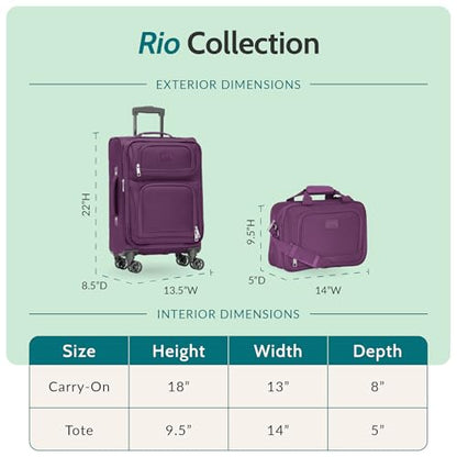 U.S. Traveler Rio Lightweight Softside Rolling Carry-on Suitcase, 4-Wheel Set, Purple - color: Purple, size: 22"/14"