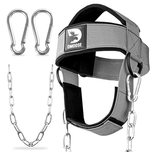 DMoose Fitness Neck Harness for Weight Lifting - Soft Padded Head & Chin Strap with 30" Heavy Duty Steel Chain - Neck Exerciser, Trainer & Strengthener to Support Injury Recovery and Intense Workouts - color: Gray
