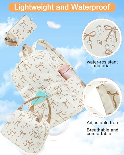 LOIDOU Backpack for Teen Girls Bookbags School Backpack with Lunch Box and Pencil Case 3 in 1 School Bags Set - color: Bow Tie Brown Beige