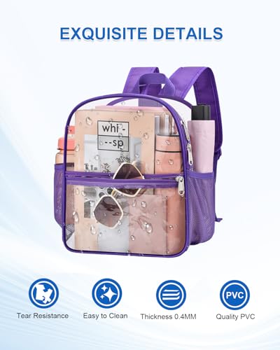 Clear Backpack for Stadium Events, 12x12x6 Small Clear Plastic bag with Reinforced Straps for Game Security Festival Concert - color: Purple