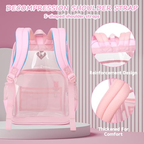 MUSEVOS Clear Backpack, Heavy Duty Bookbag for School, 2-in-1 Design Transparent PVC & Oxford Fabric, for Girls and Women. Pink - color: Pink