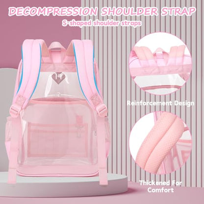 MUSEVOS Clear Backpack, Heavy Duty Bookbag for School, 2-in-1 Design Transparent PVC & Oxford Fabric, for Girls and Women. Pink - color: Pink