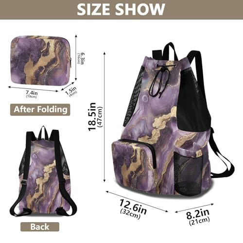 Beach Drawstring Bags Pool Bag With Water Bottle Pocket Cinch Back Sack Wet and Dry Separation Purple and Gold Marble Texture - color: Color 26