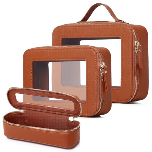 Travel Makeup Set Waterproof Transparent Cosmetic Bag and Toiletry Bag Makeup Brush case with Zipper Car Essentials for Women (Brown, L+M+SLIM) - color: Brown, size: L+M+Slim