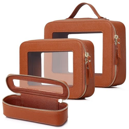 Travel Makeup Set Waterproof Transparent Cosmetic Bag and Toiletry Bag Makeup Brush case with Zipper Car Essentials for Women (Brown, L+M+SLIM) - color: Brown, size: L+M+Slim