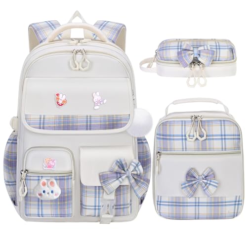 NSEQB Girls Backpack,Kids School Backpack With Lunch Box Pencil Case Set,Cute Childrens Schoolbag For Girls - color: Beige-3PCS