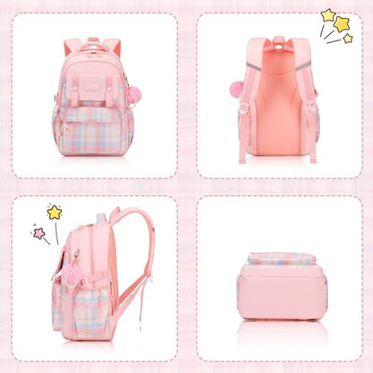 MUSEVOS Girls Backpack with Lunch Bag, Kindergarten Elementary Middle School Backpack, Multiple Compartments Large Capacity Kids Bookbag 3 Pcs Set(Pink) - color: Pink-3pcs Set