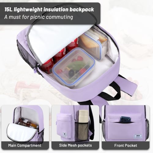 MIER Insulated Backpack Cooler Small Leakproof Lightweight Cute for Women Men to Work, Picnics, Camping, Park Day Trips, 15 L - color: purple