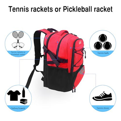 WOLT Tennis Bag - Large Tennis Racket Backpack for Men & Women - Ventilated Shoe Compartment - Holds 2 Rackets - color: Red