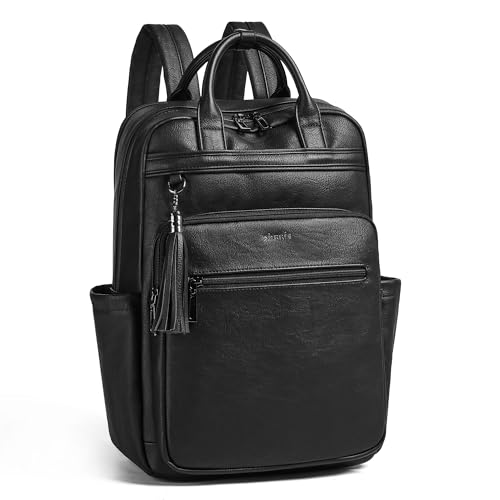 Shrrie Laptop Backpack for Women 15.6 inch Travel Leather Backpack Purse Work Computer Backpacks for Business College Black - color: Black