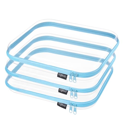 YQBRAO 3-Pack Large Clear Hard Shell Zipper Case, 1.2mm Rigid Toy & Cosmetic Bags, Heavy-Duty Diaper Bag Pouch Set with YKK Zippers, Waterproof Travel & Makeup Storage (Blue) - color: Blue, size: 3 Pack(L)