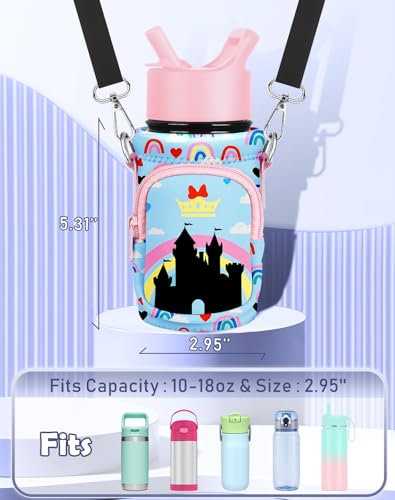 Miss Adola Water Bottle Carrier with Strap - Insulated Kids Water Bottle Holder for Boys Girls Bottle Bag for 10-18Oz - color: Rainbow Castle