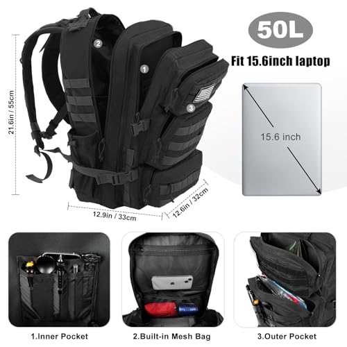 50L Military Tactical Backpack Large Day Backpack for Men Molle Army 3 Days Assault Pack Bug Out Bag Water Resistant and Heavy Duty Hiking Treeking Rucksack - Black - color: Black, size: 50L