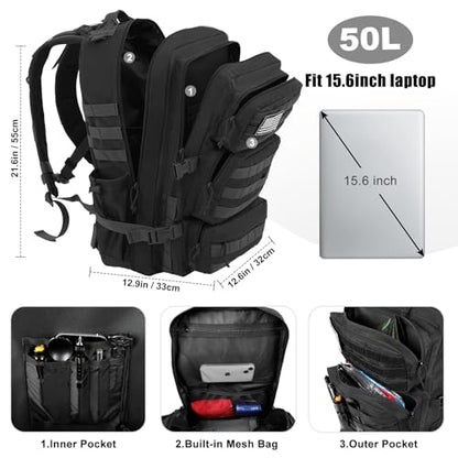 50L Military Tactical Backpack Large Day Backpack for Men Molle Army 3 Days Assault Pack Bug Out Bag Water Resistant and Heavy Duty Hiking Treeking Rucksack - Black - color: Black, size: 50L