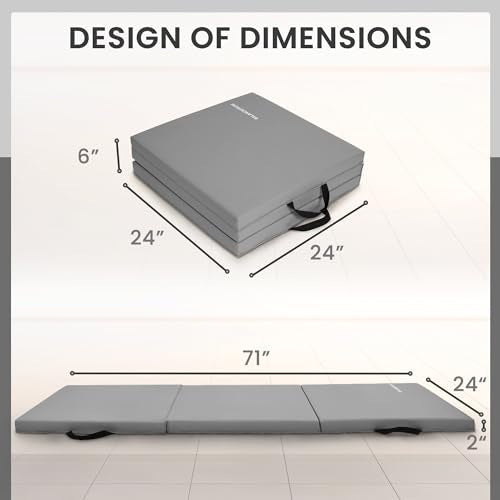BalanceFrom 6x2 Feet 3-Panel Folding Gymnastics Mat – 2-Inch Thick Pad with Vinyl Surface and Carrying Handles for Tumbling, Yoga, Pilates, Home Workouts, and Martial Arts - color: Gray