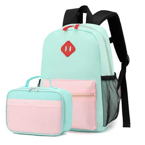 Backpack Set for Girls Boy Kids Backpack with Lunch Box for Elementary Primary Kindergarten School Bag (Pink Green, Large) - color: Pink Green