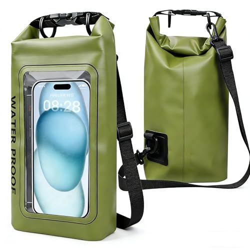 Waterproof Dry Bag, 2L Roll Top Waterproof Bag IPX8 with Crossbody Strap, Phone Clear Window, Phone Pouch Water Protector for Camp Beach Travel, Cruise Essentials, Kayak Accessories (Army Green) - color: Army green dry bag 2L