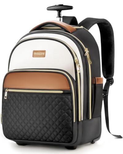 Arcoyard Rolling Backpack for Women, 15 inch Wheeled Laptop Bag | Water Resistant, Underseat Carry On Luggage, TSA Friendly, Black Beige Brown - color: Black Beige Brown, size: 15-inch