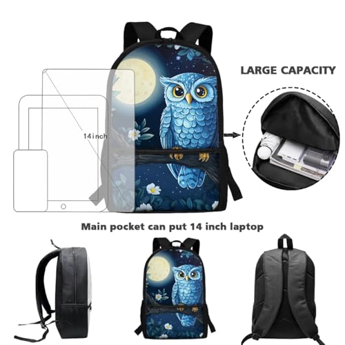 ZOUTAIRONG Moon Owl Backpack for School and Small Thermos School Bags for Girls Boys 7-10/10-12/12-16, Casual Backpack with 2 Side Pockets - color: Moon Owl