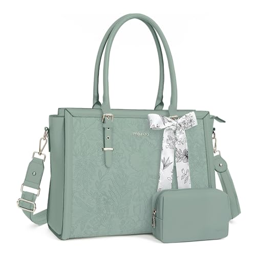 MOSISO Laptop Bag for Women, 15.6-16 inch PU Leather Tote Bag Compatible with MacBook, HP, Dell, Asus Notebook, Front Embossed Retro Hibiscus Computer Bags with Silk Scarf&Clutch Purse, Antique Green - color: Antique Green, size: 16 inch