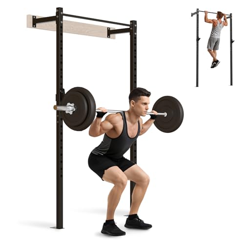 SPORTSOUL Wall Mounted Power Cage, 900lbs Squat Rack with Pull Up Bar for Home Gym, Space-Saving 2"x2" Pull-Up Station with Adjustable J-Hooks for Garage & Apartment - color: Black
